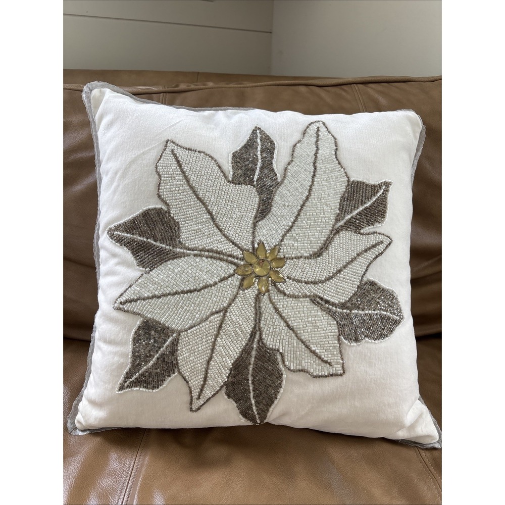 Pier 1 Throw Pillow Ivory‎ Gold Velvet Beaded Poinsettia Holiday Winter Decor